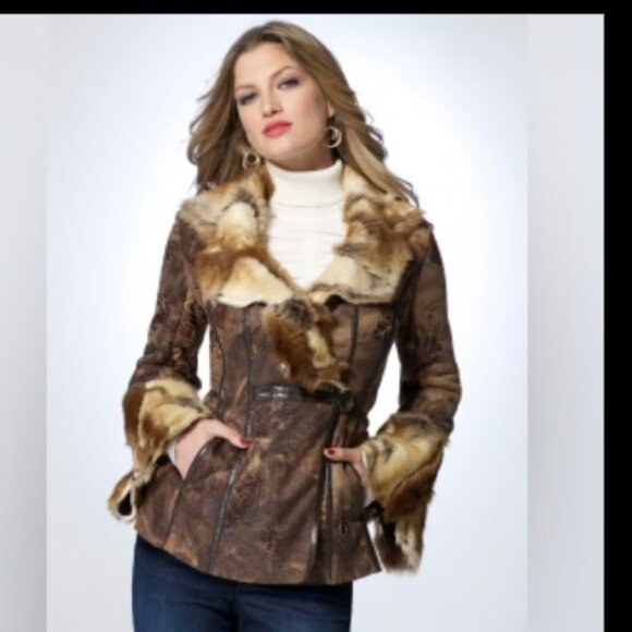 CACHE Jacket Brown Faux Fur Faux Suede Roses Size M like new! - Picture 1 of 9